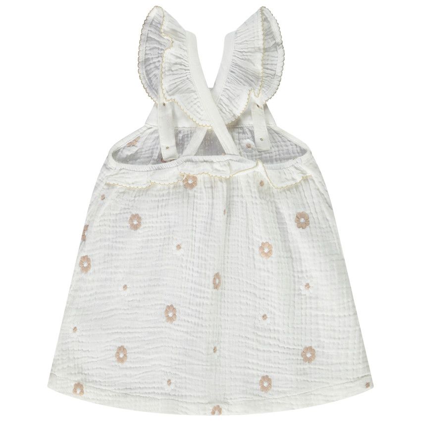 Tunique sans manches en double gaze broderies fleurs pour bébé fille - Ecru
