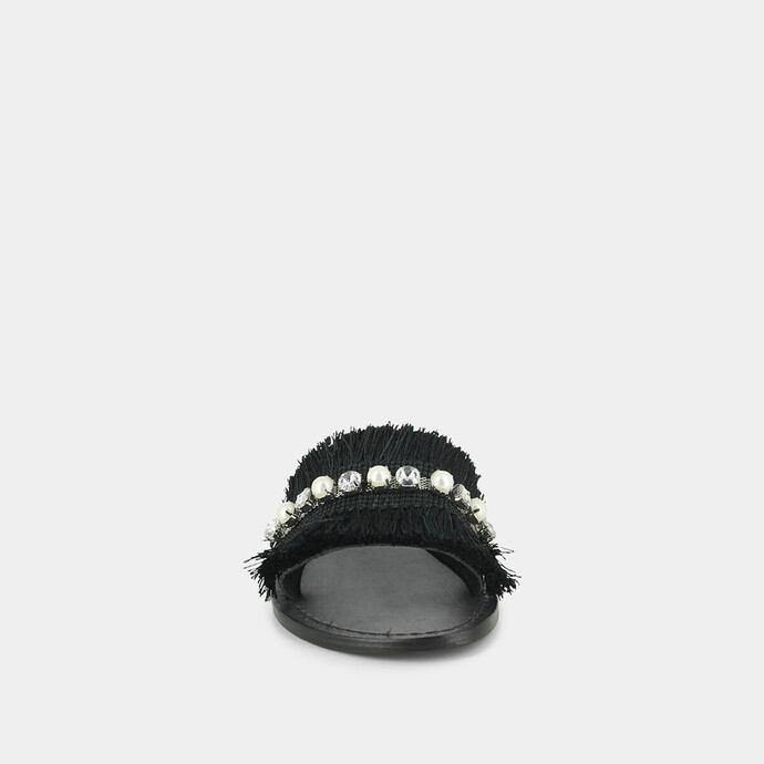 Mules à franges et perles  en cuir noir