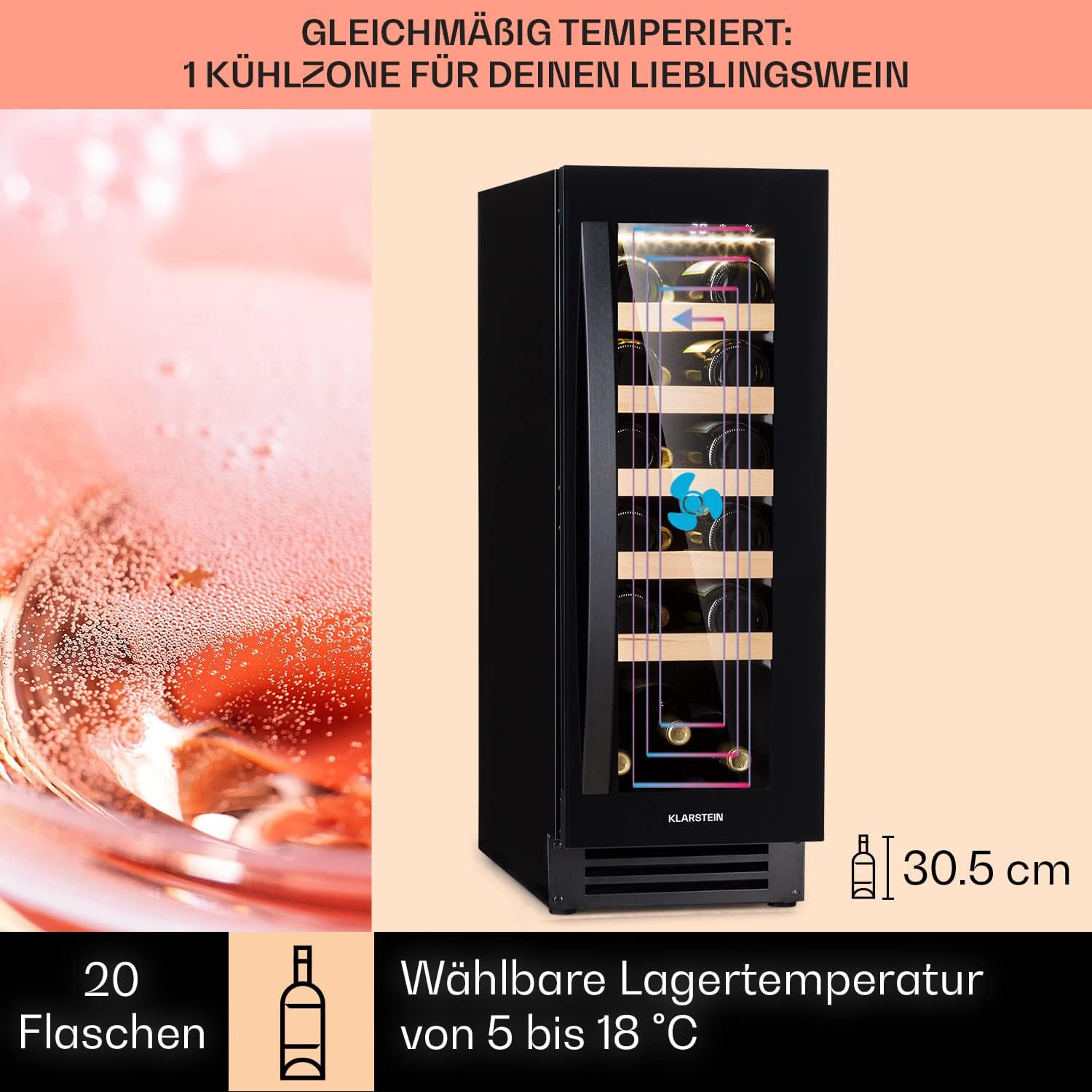 KLARSTEIN Vinovilla Cave a Vin Encastrable, Armoire a Vin, Cave à Vin à une Zone, Caves à Vin de Vieillissement, Bouteilles de Vin, Prosecco, Ecran Tactile, Mini frigo 5-22°C, 50L, 20 Bouteilles