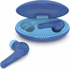 Belkin PAC003btBL SOUNDFORM Nano,True Wireless Earbuds voor kinderen, volume begrensd op 85 dB,Online onderwijs,IPX5-gecertificeerd, 24 uur afspeeltijd voor iPhone, iPad, Kindle, Pixel–eén maat, Blauw