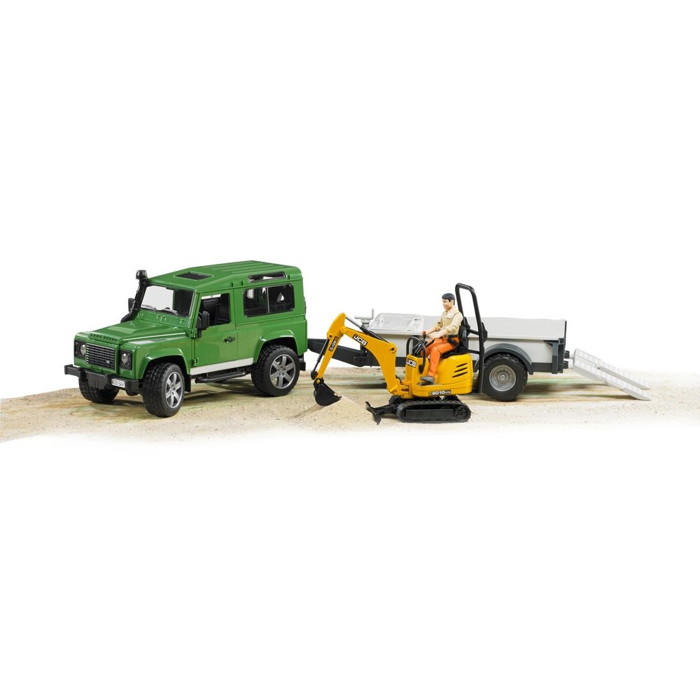 Bruder Land Rover Defender mit Anhänger, JCB-Bagger und Arbeiter