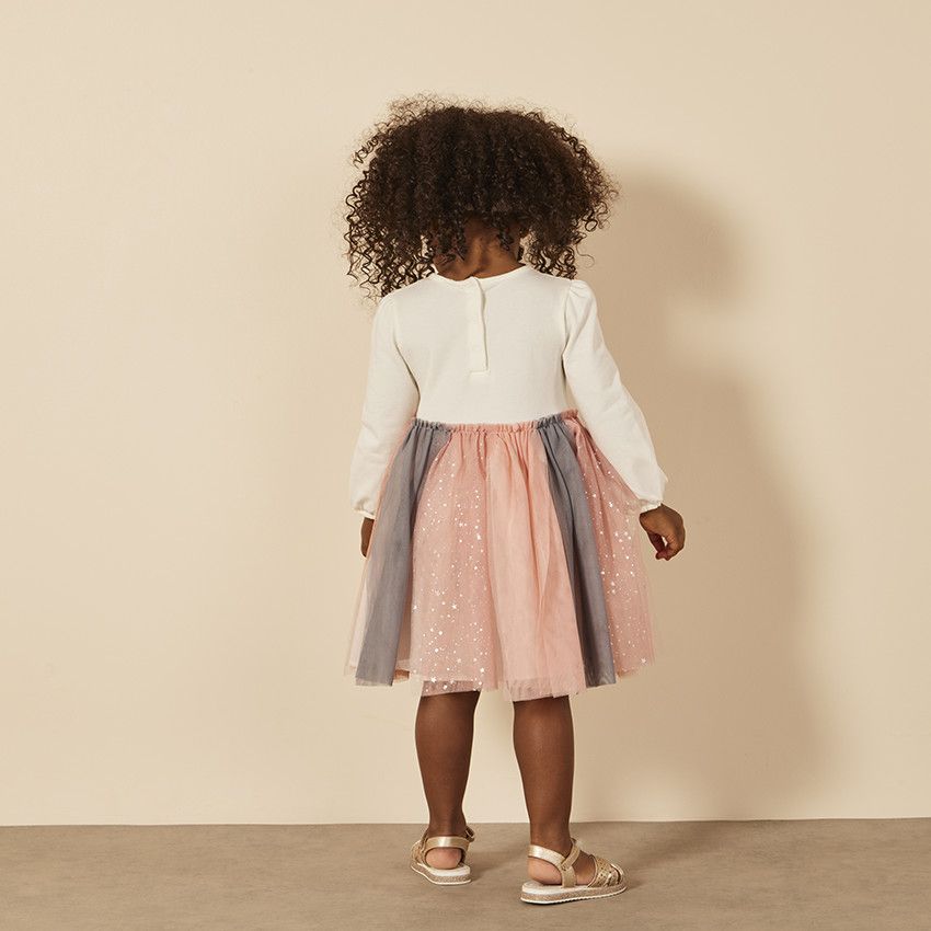 Ensemble 2 pièces robe avec tulle bicolore + bandeau pour bébé fille - Ecru