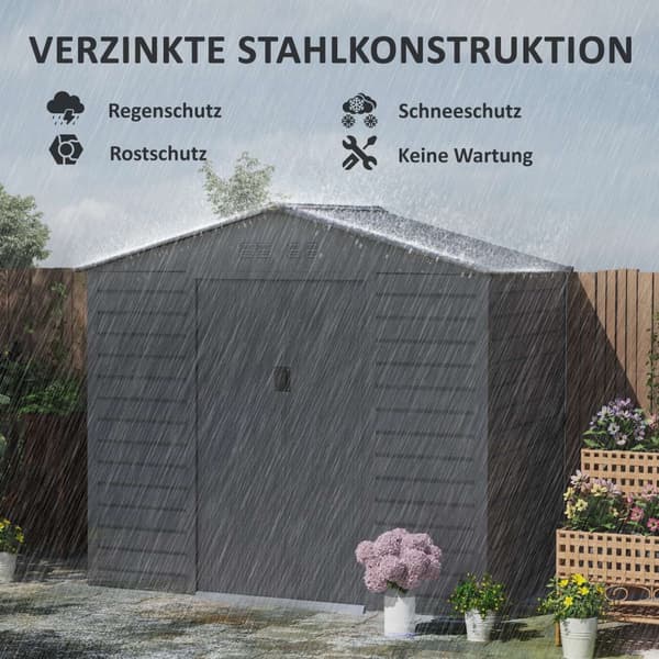 Verktøybod i galvanisert stål 2,43? 213x131x192cm Redskapsbod med gavltak, låsbar skyvedør, værbestandig hagebod, Utendørs hageskur for bakgård uteomr