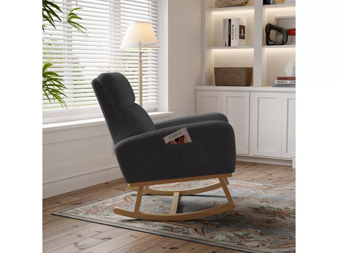Fauteuil à bascule, avec accoudoirs, , dossier incliné, pieds en bois massif, - Gris foncé