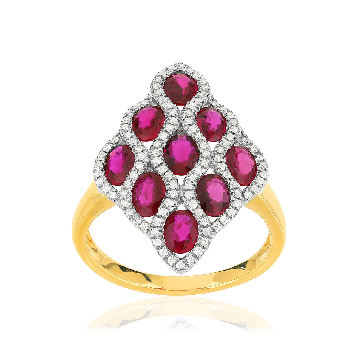 Bague 2 ors 750 losange rubis et diamants