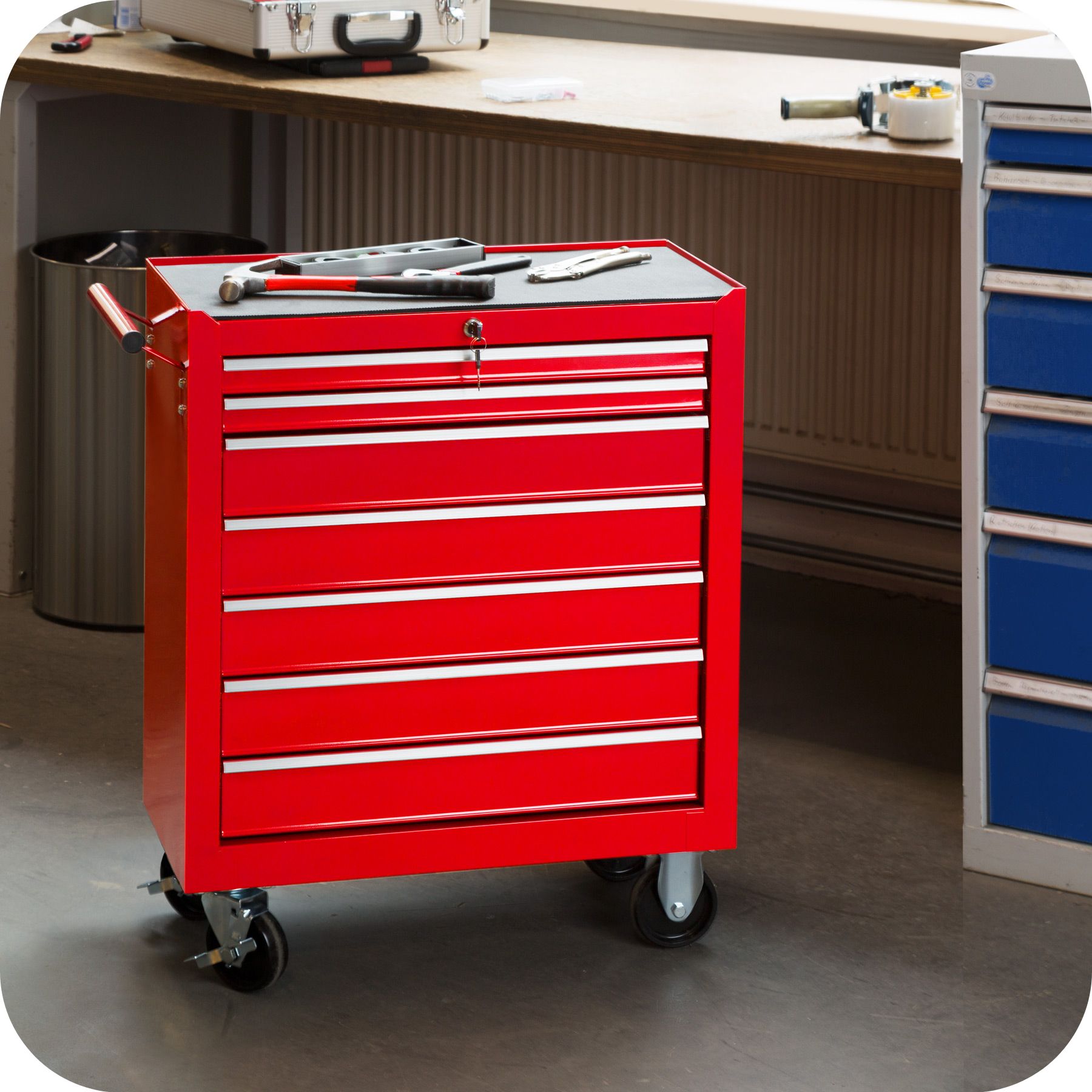 tectake® Werkzeugwagen, 7 kugelgelagerte Schubladen mit Antirutschmatten, zentrale Sicherheitsverriegelung, Rollen Ø 100 mm
