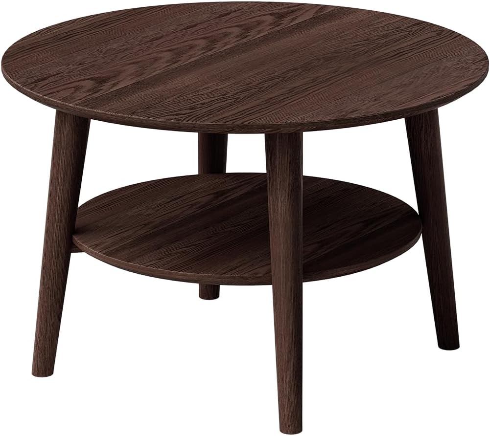 skølm Mjölnir Couchtisch rund Ø70 cm – Wohnzimmertisch aus Eiche Massivholz – Sofatisch mit 2 Ablagen – kleiner Beistelltisch dunkel lackiert – Holztisch Wohnzimmer mit Stauraum – Coffee Table