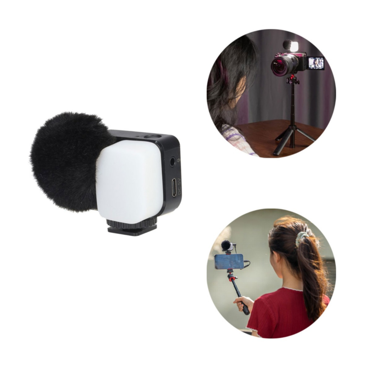 2in1 LED Foto Licht Lavalier Mikrofon für Kamera / Smartphone mit USB C / 3.5mm Klinke / Blitzschuh Anschluss   Rauschunterdrückung