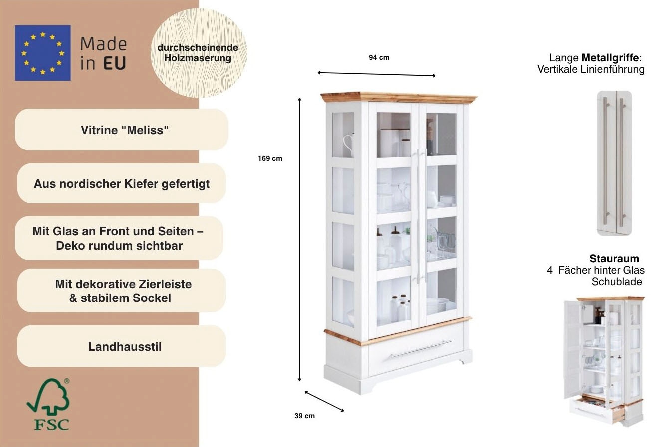 Home affaire Vitrine »Meliss« Höhe 169 cm, Breite 94 cm, 2-türig, Kiefer massiv, FSC®
