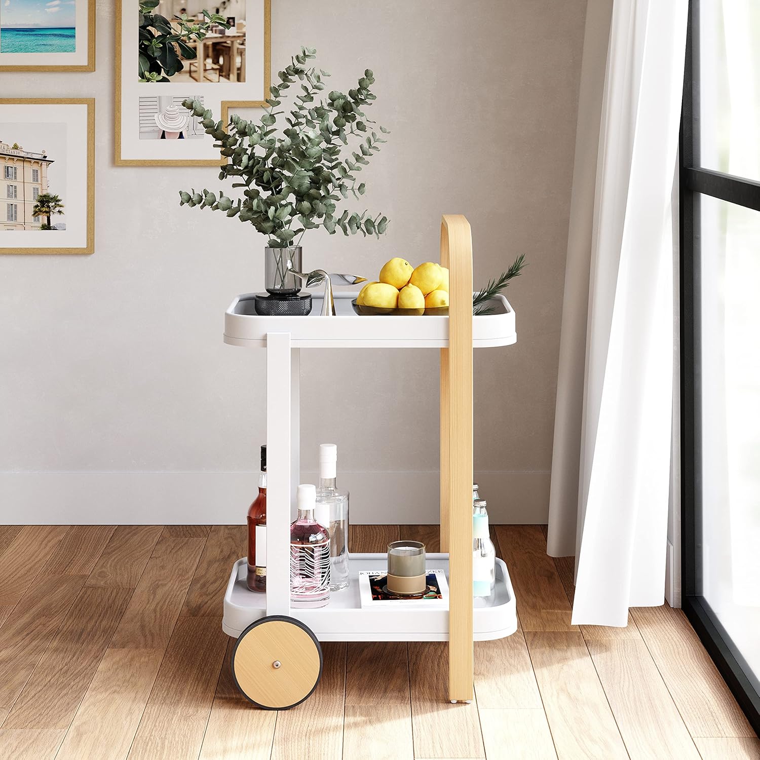 Umbra Bellwood Barwagen, Servierwagen und Aufbewahrung mit 2 Ebenen und herausnehmbaren Tabletts aus Metall, Weiss/Natur