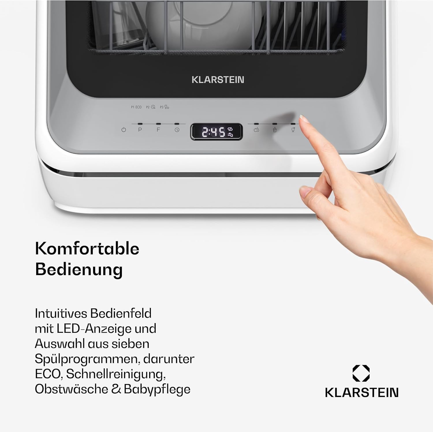Klarstein Amazonia Mini Geschirrspüler – Kompakte Tischspülmaschine mit Wassertank, 7 Programme, 5L, Digitalanzeige, Leise 58dB, Energieeffizienzklasse D, Tragbar für kleine Küchen & Reisen, Silber