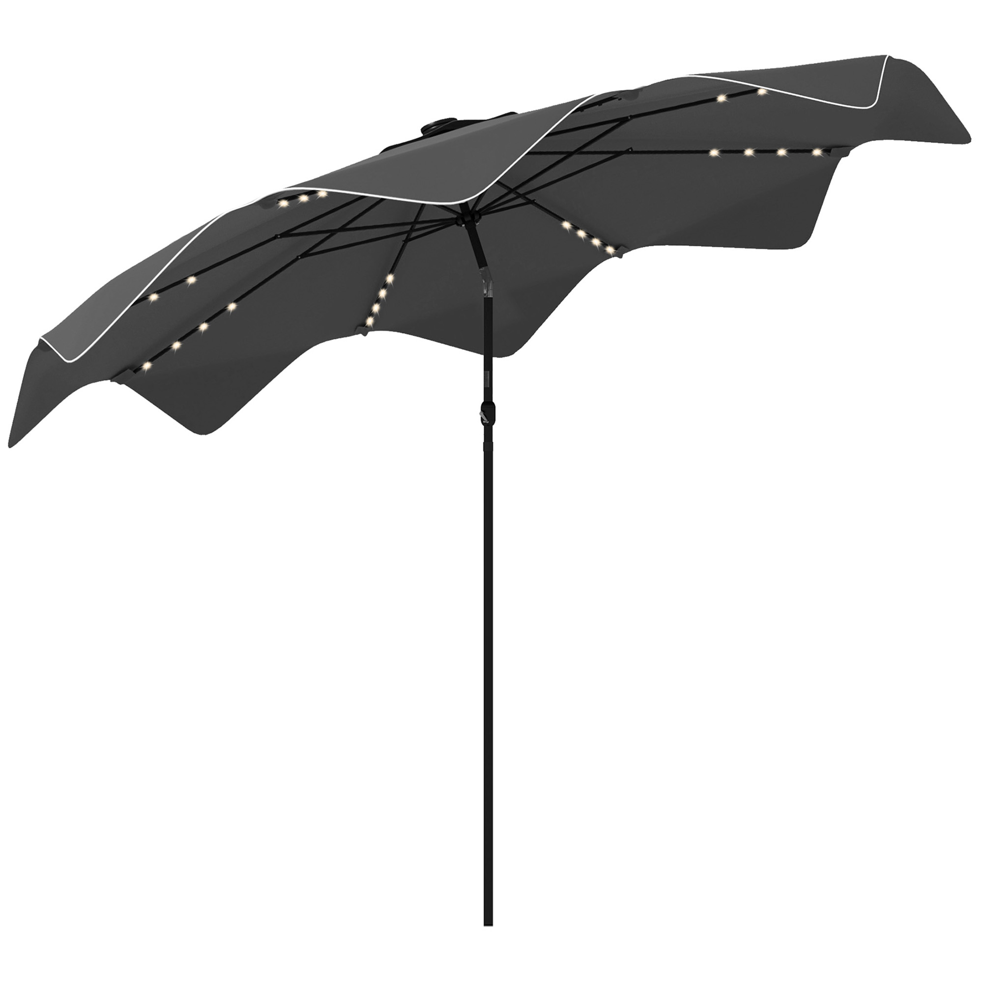 Guarda-sol de jardim Outsunny Ø292x248 cm, manual, para terraço, com 32 luzes LED solares, 8 varetas, impermeável e com grelha de ventilação para pátio e varanda, cinza escuro.