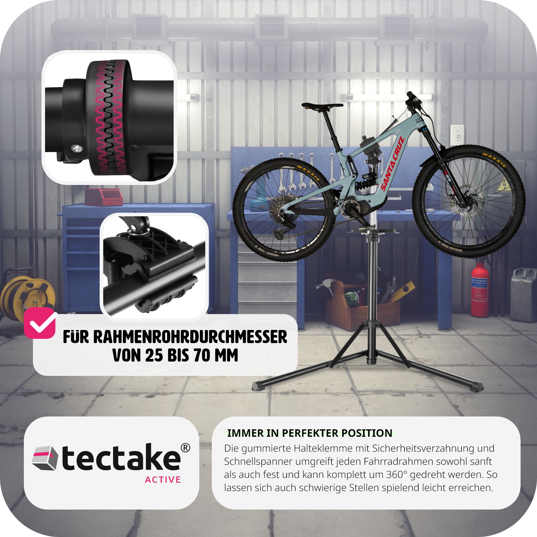 tectake® Fahrradmontageständer, Belastbarkeit 50 kg, klappbar mit Schnellverschlüssen, lackschonend, inklusive Vorderrad-Stabilisator und magnetischer Werkzeugablage