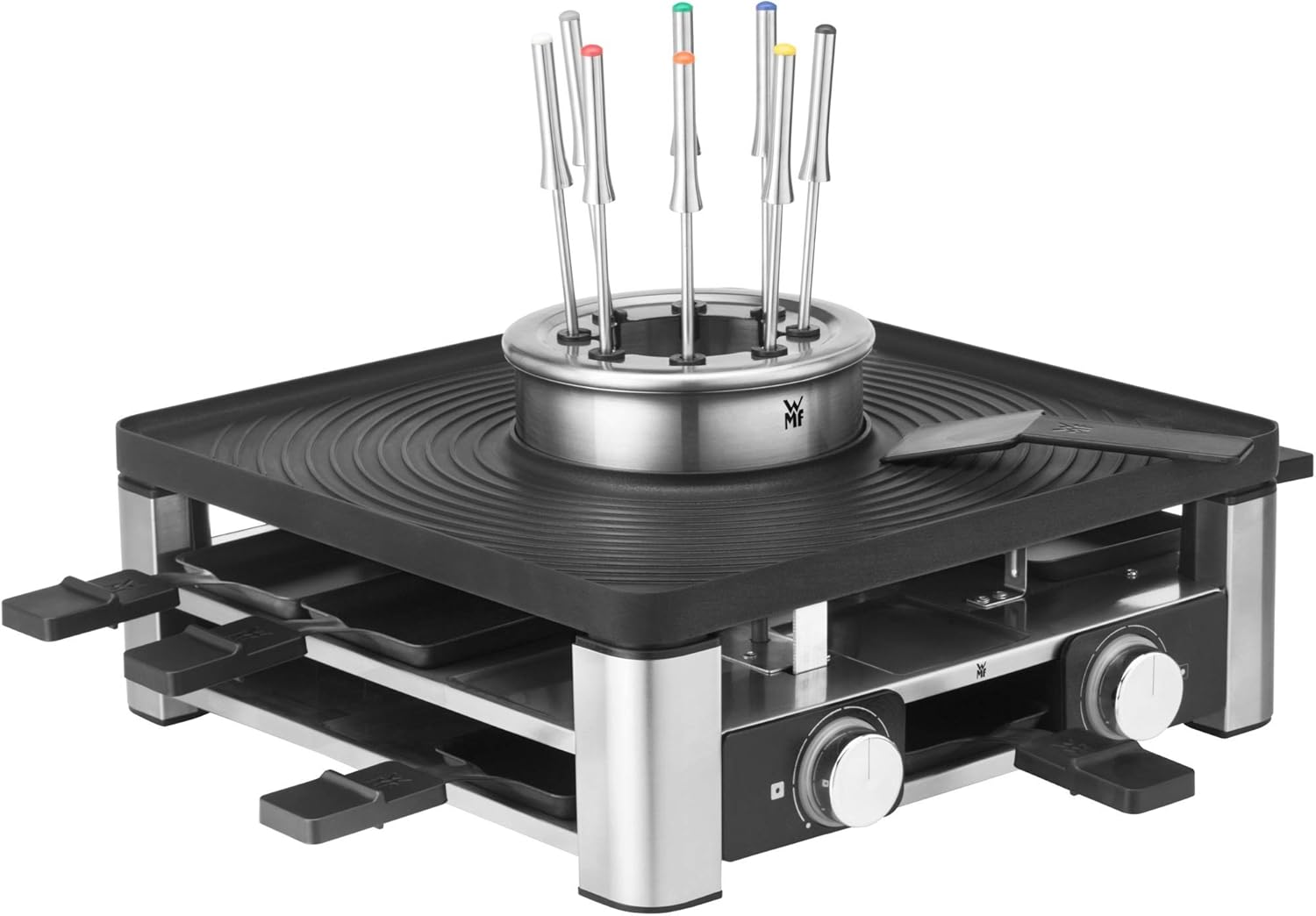 WMF Lumero 3in1 Gourmet Station – elektrisches Raclette, Fondue und Grill für 8 Personen, aus Edelstahl matt, mit Temperaturregulierung und LED-Beleuchtung – platzsparendes Design für stilvolle Abende