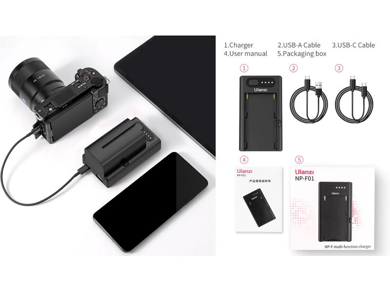 Ulanzi Ladegerät NP-F01 Ulanzi NP-F01 Multifunktionales Akku-Ladegerät/Netzteil für Sony L-Serie, AC, Chemie-Li-Ion, 1 Position, W/O-Ausgang, USB, Quick Charge