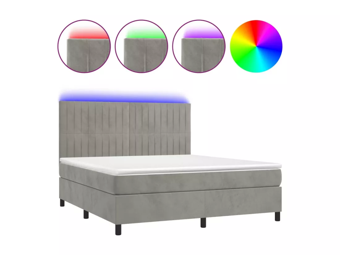 Sommier tapissier matelas et LED Gris clair 180x200 cm Velours