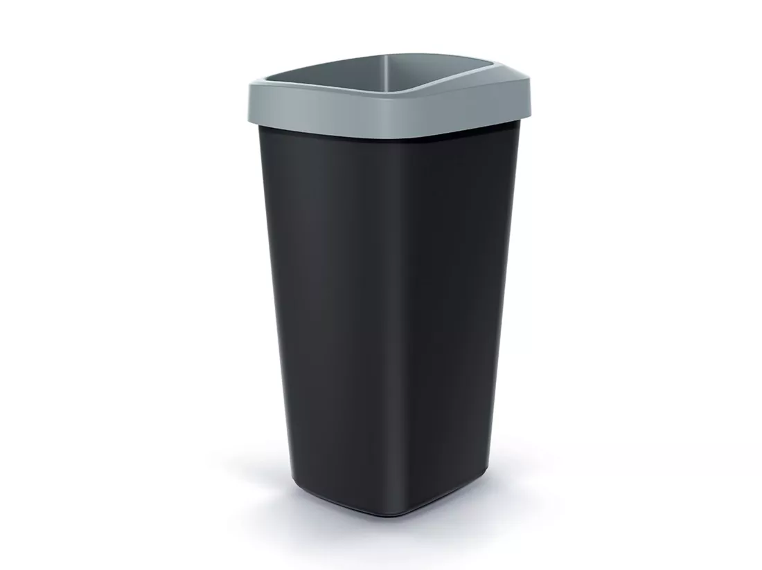 Recyclage Cube 45L Keden en plastique avec un couvercle ouvert gris. 39x29x61