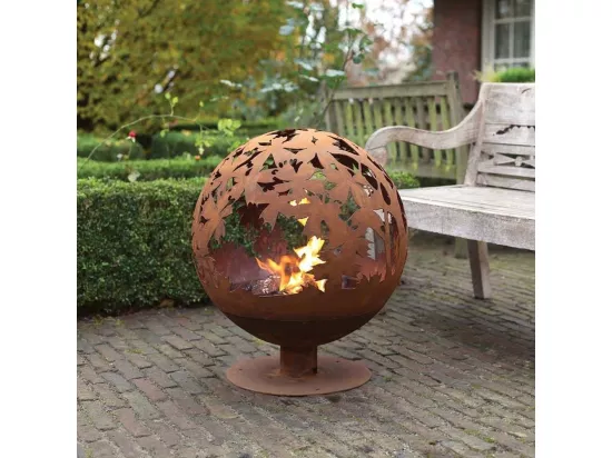 Brasero rond en métal rouillé Feuilles