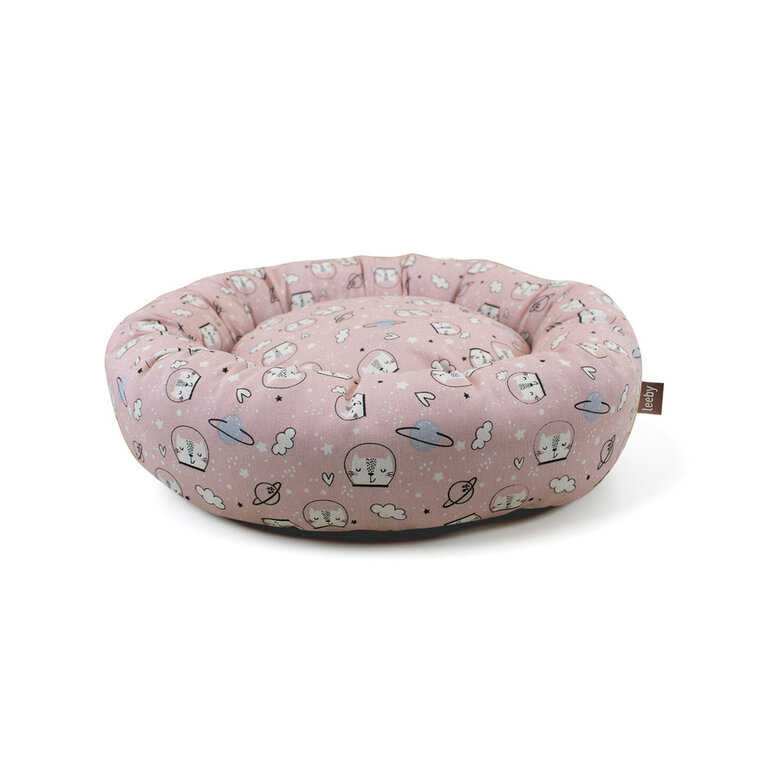 Cama em formato de donut com estampa de quadrinhos antiderrapante da Leeby para gatos, rosa.