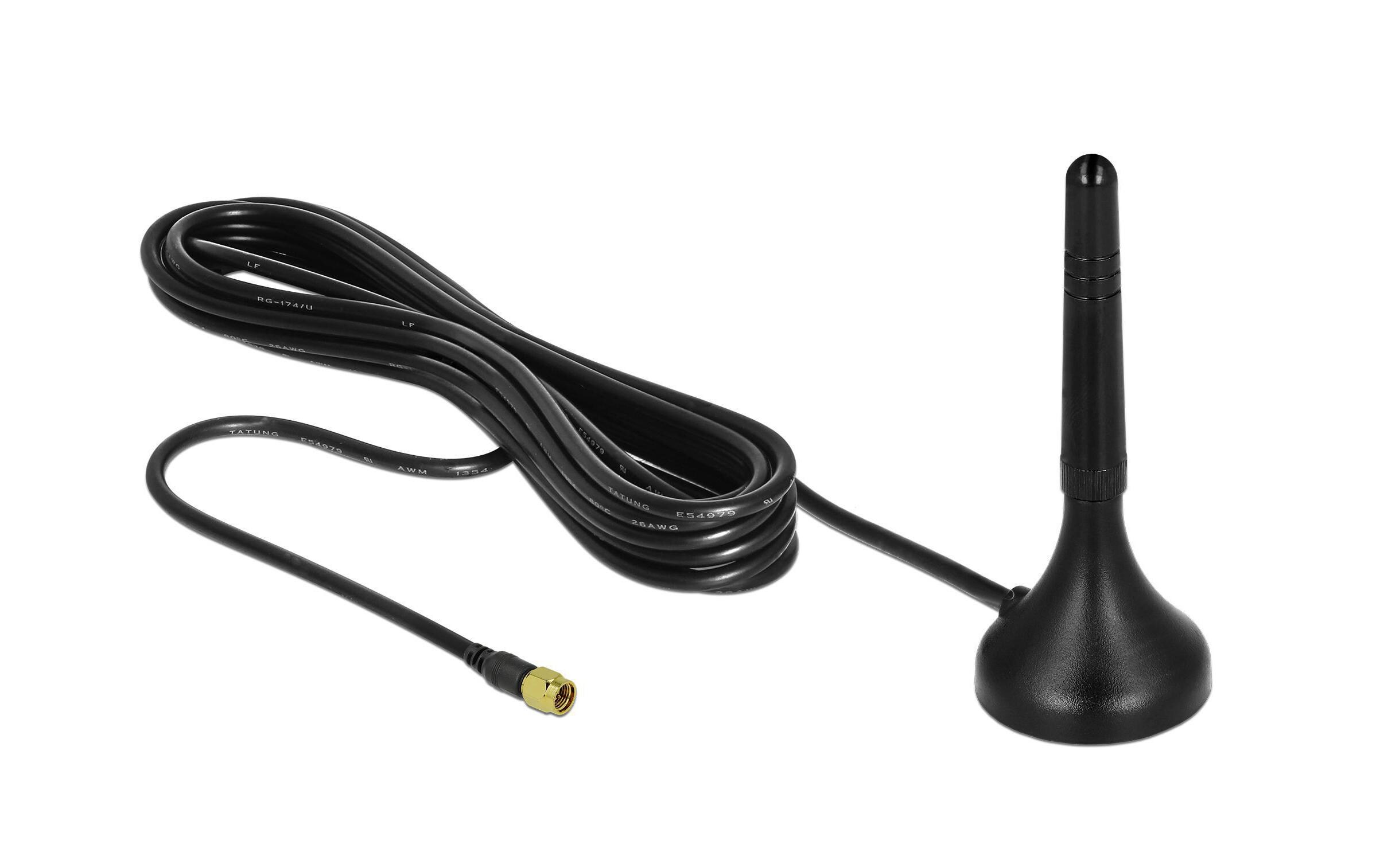 LTE-Antenne SMA, 0.7-2.6GHz, 72mm, 2dBi SMA 2 dBi RundstrahlDelock LTE Antenne SMA Stecker 1 - 2 dBi starr omnidirektional mit magnetischem Standfuss und Anschlusskabel RG-174 A/U 3 m outdoor schwarz
