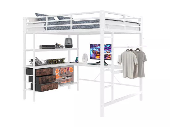 Lit mezzanine 140x200 éclairage d'ambiance avec télécommande bureau prise+USB 3 tiroirs étagères garde-corps escalier Blanc