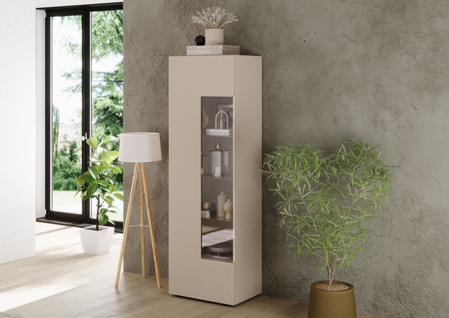 INOSIGN Vitrine »RIO, Höhe 187 cm, Hochschrank mit 1 Tür, Anrichte, Standvitrine« Vitrinenschrank, geriffelte MDF-Front, modern, elegant, geräumig