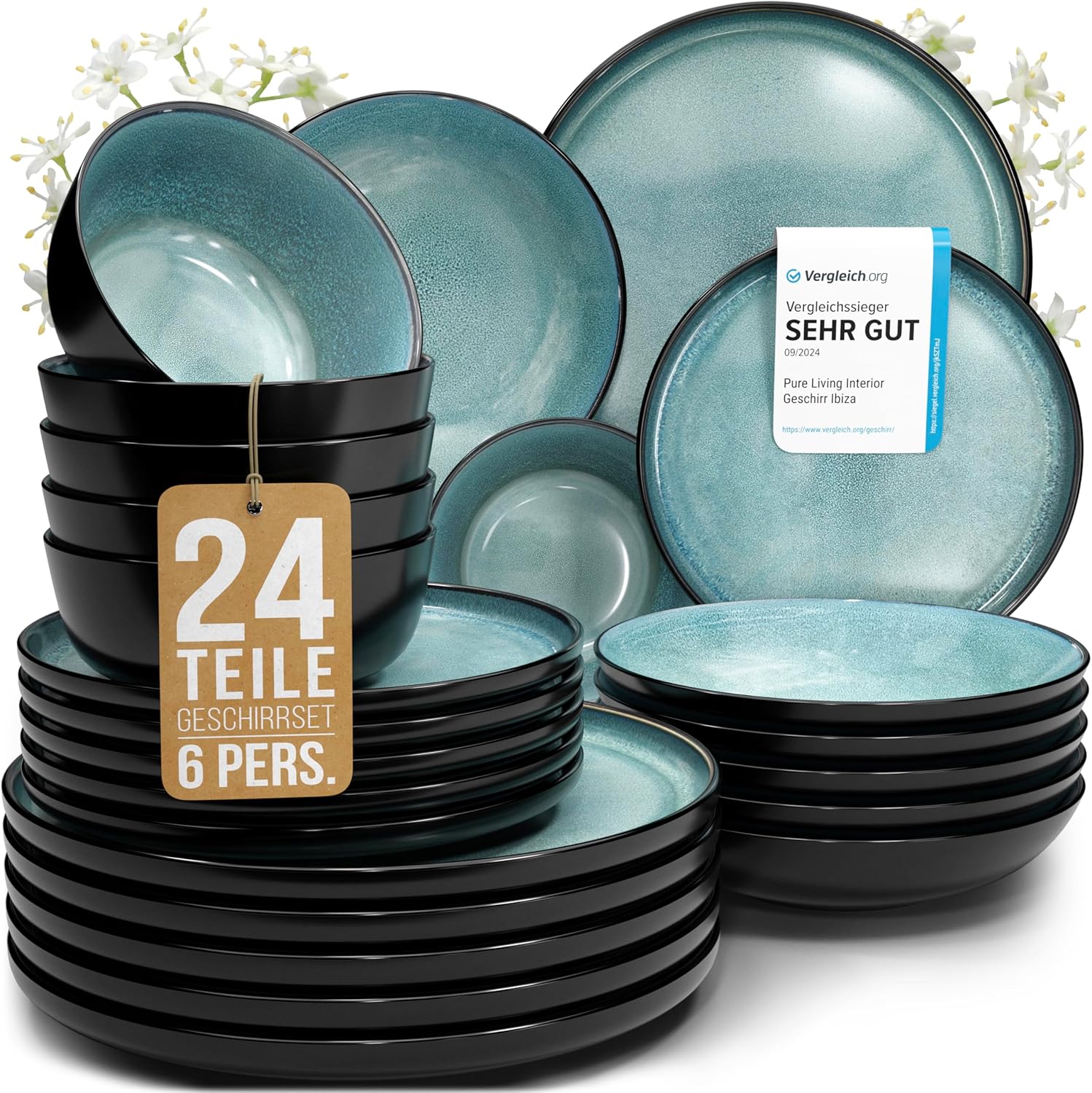 Steingut Geschirrset 6 Personen Ibiza 24 tlg. TESTSIEGER, Traumhaftes Mediterranes Steingut Geschirr Set, Schüssel- und Teller Set, Tafelservice 6 Personen, Geschirrsets Pure Living in Petrol