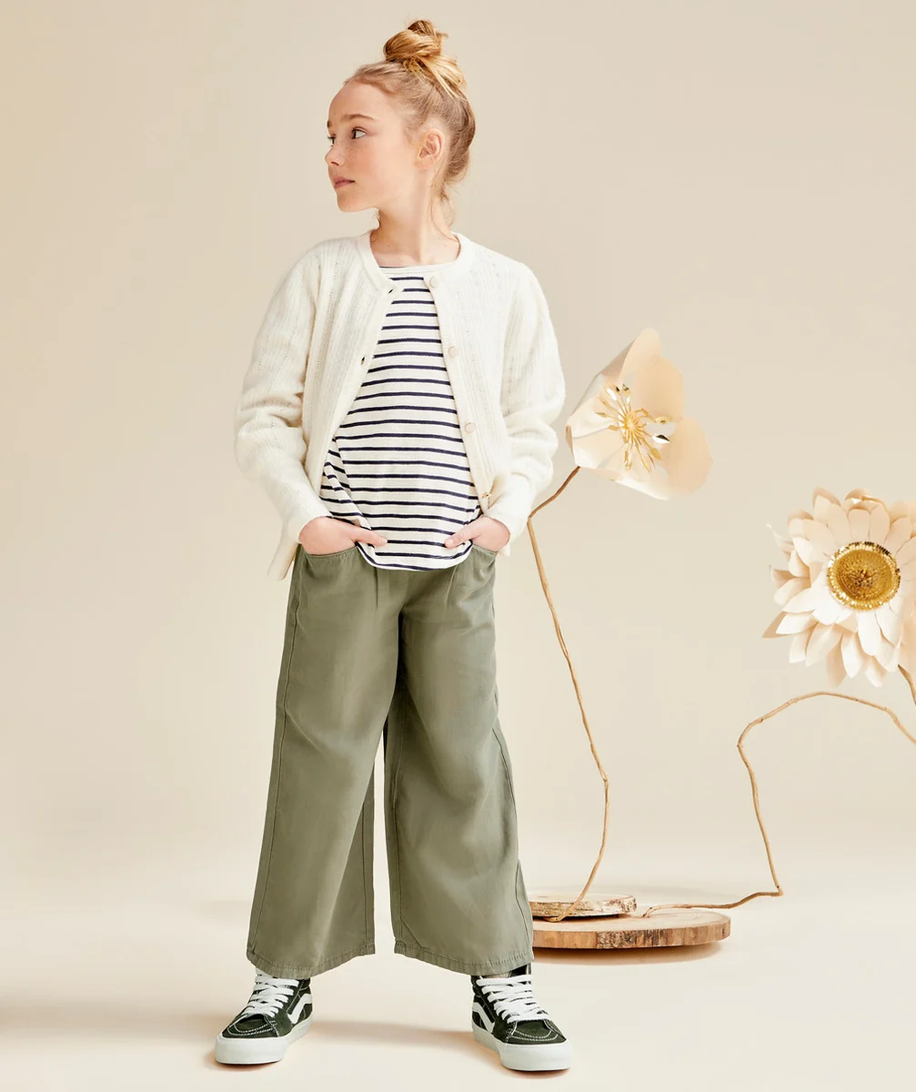 PANTALON LARGE FILLE EN VISCOSE RESPONSABLE KAKI AVEC NOEUD
