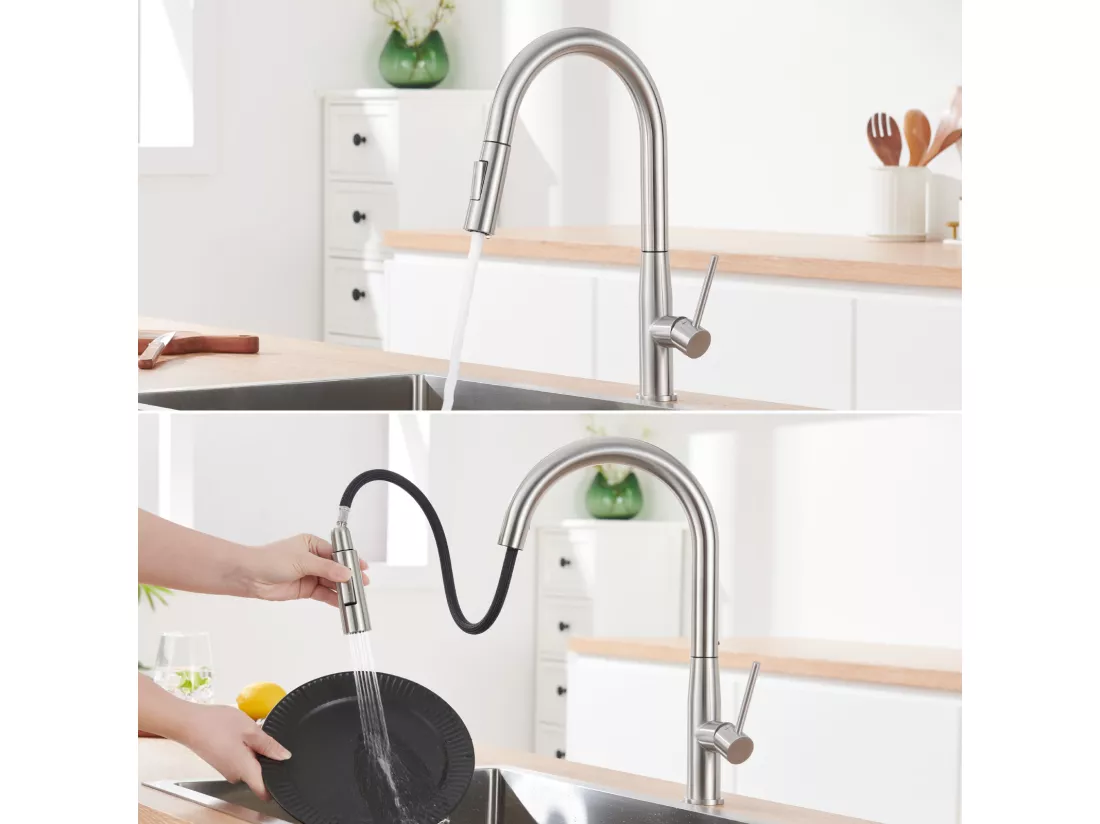 Robinet Cuisine Douchette,MitigeurCuisine avec Douchette, Robinetterie Cuisine avec Douchette Extractible Rotatif360° Eau Froide/Chaude,Brossé