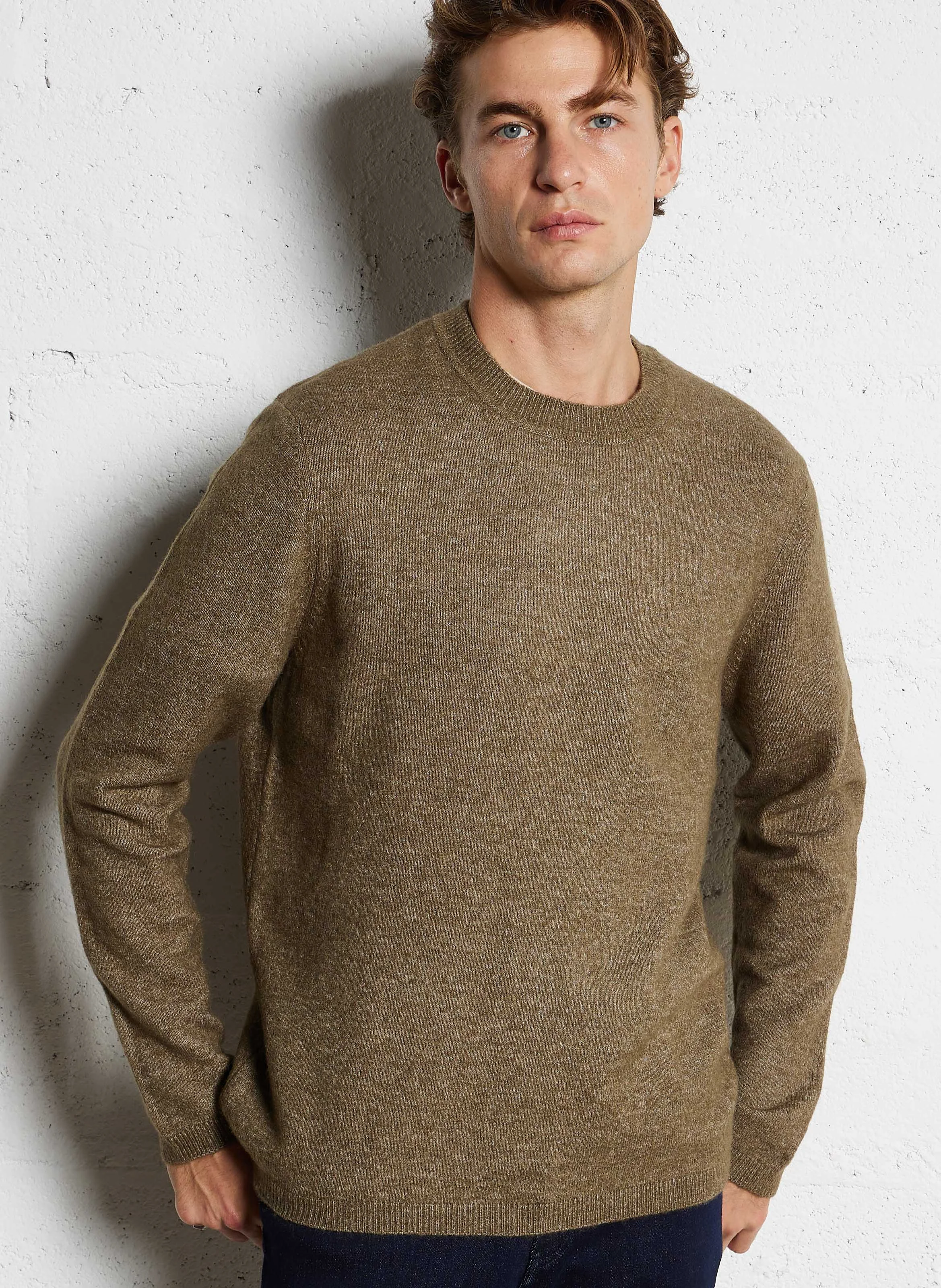 Pull col rond en maille duveteuse| Kaki