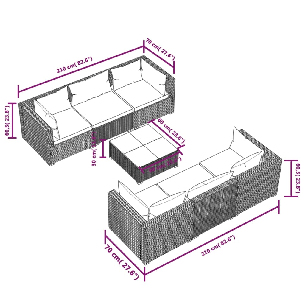 Salon de jardin meuble d'extérieur ensemble de mobilier 7 pièces avec coussins résine tressée marron
