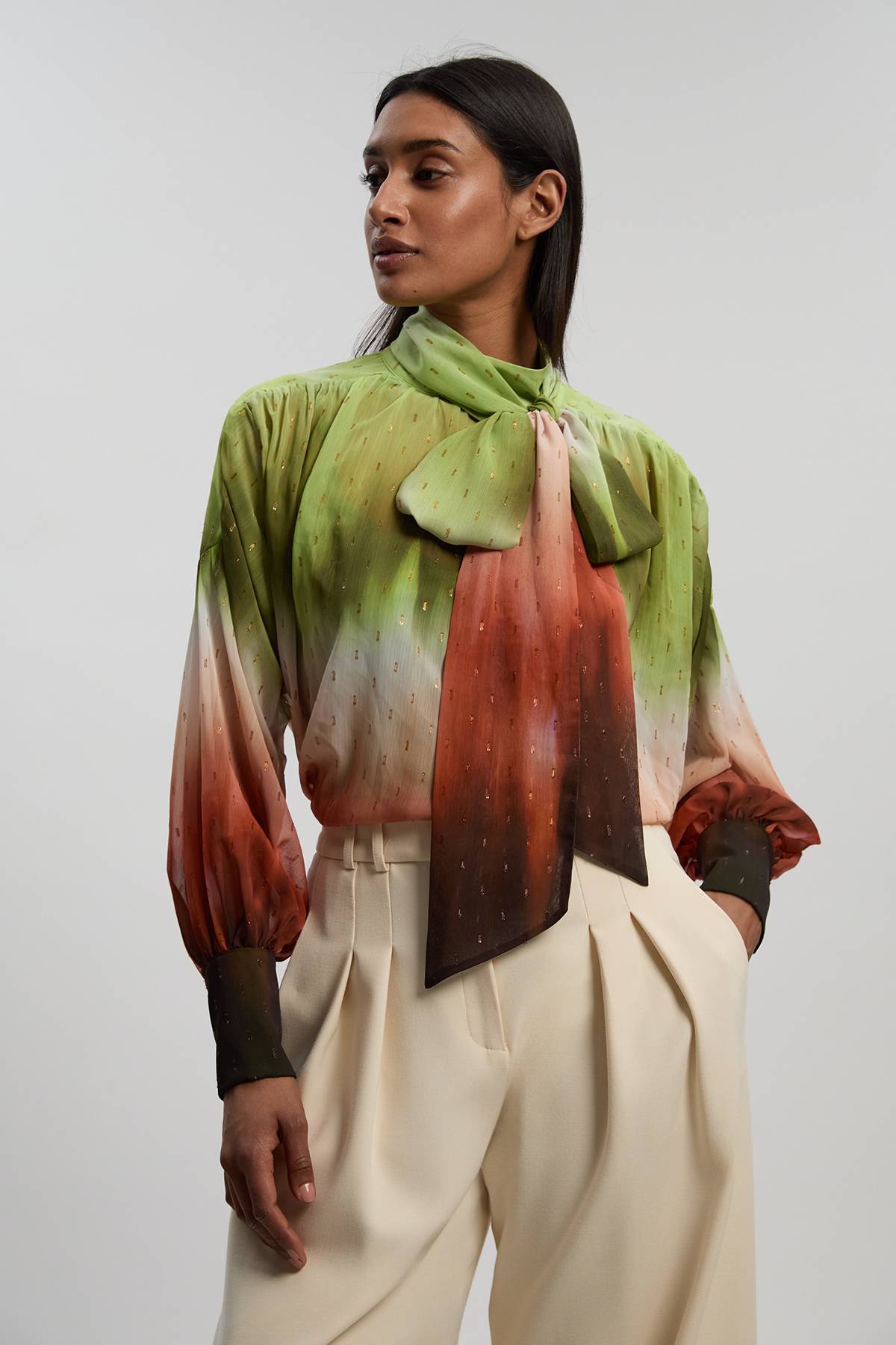 KarenMillen Blouse Tissée À Manches Bouffantes Avec Imprimé Ombré Métallisé