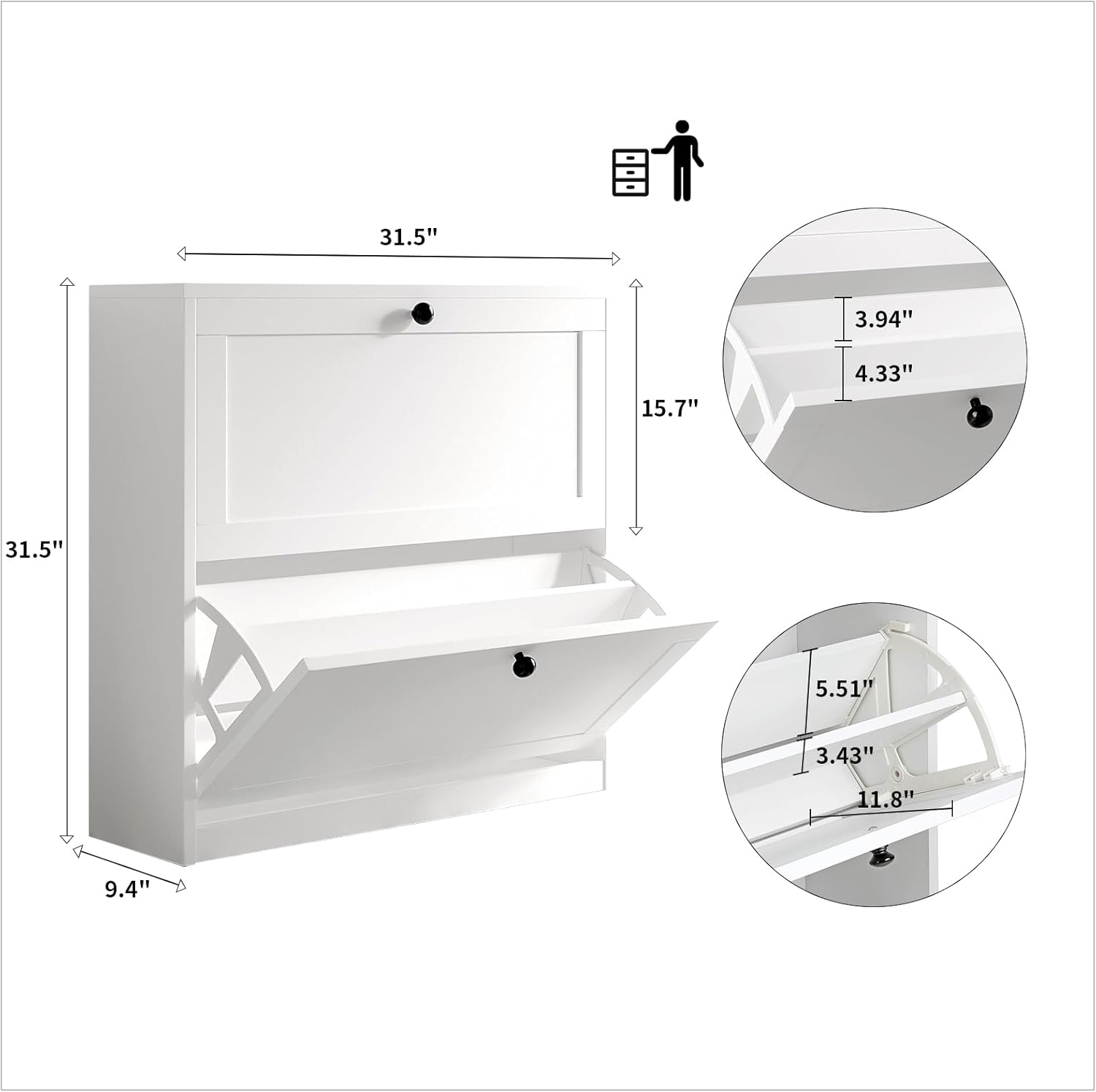 VOWNER Schuhschrank mit 2 Klappen, Schuhregal Schuhkipper Schmal, mit 4 Fächern, Schuhschrank Weiss, Verstellbar, Anti-Kipp-Vorrichtung für Eingangsbereich, Flur, 80 x 24 x 80 cm