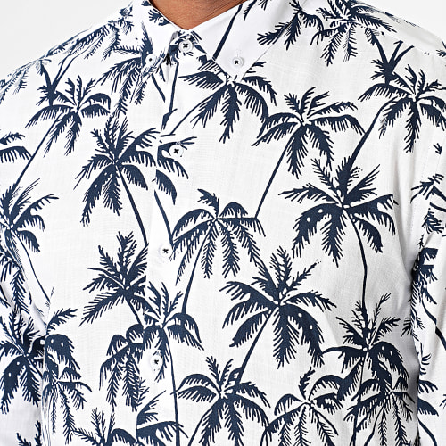Chemise Manches Longues Floral Blanc Bleu Marine