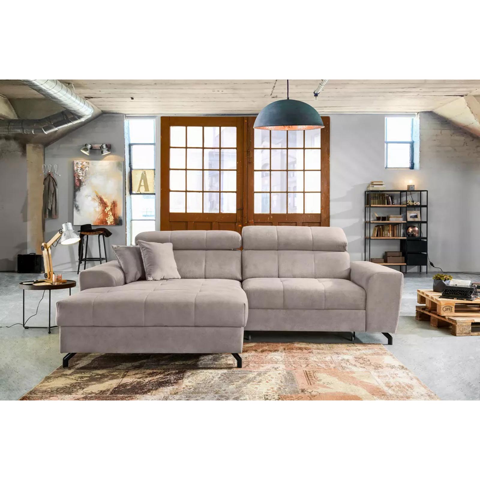 Ecksofa - beige - Samt - mit Liegefunktion - Recamiere links