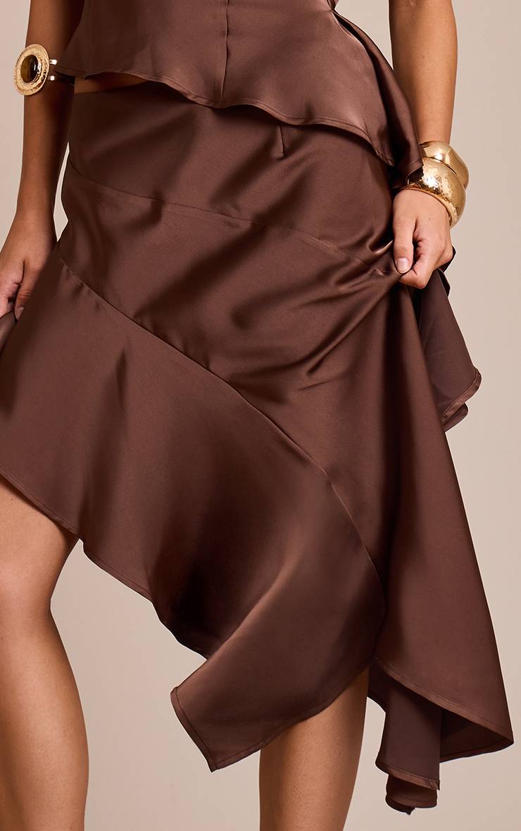 Chocolat Jupe Midi Coordonnée En Satin Imprimé À Volant Asymétrique