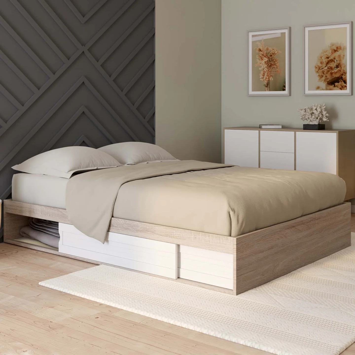 Cadre de lit double SALEM avec rangements et sommier 140 x 190 cm façon hêtre et blanc