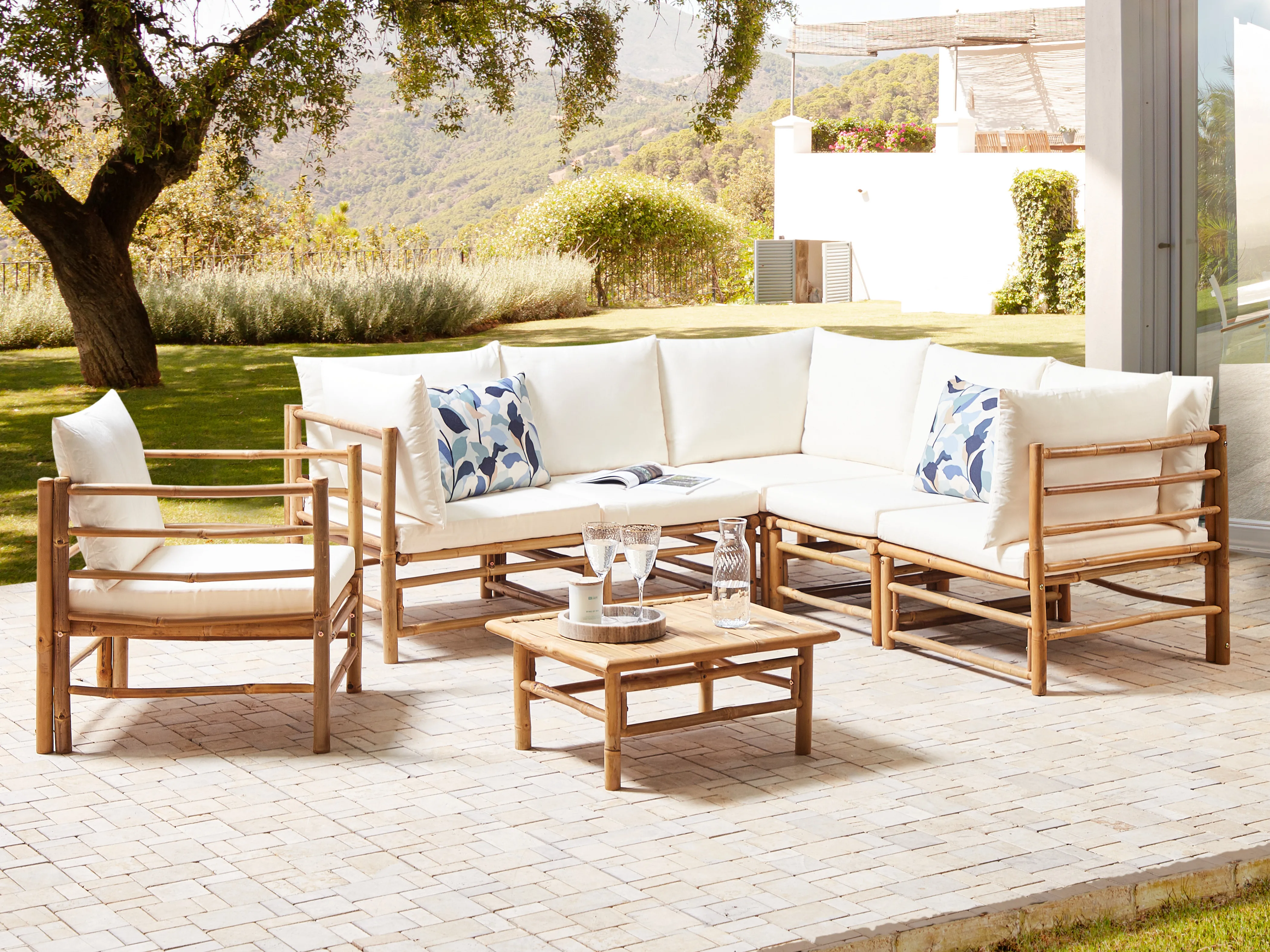 Loungeset met tafel 6-zits CERRETO Bamboehout Gebroken wit