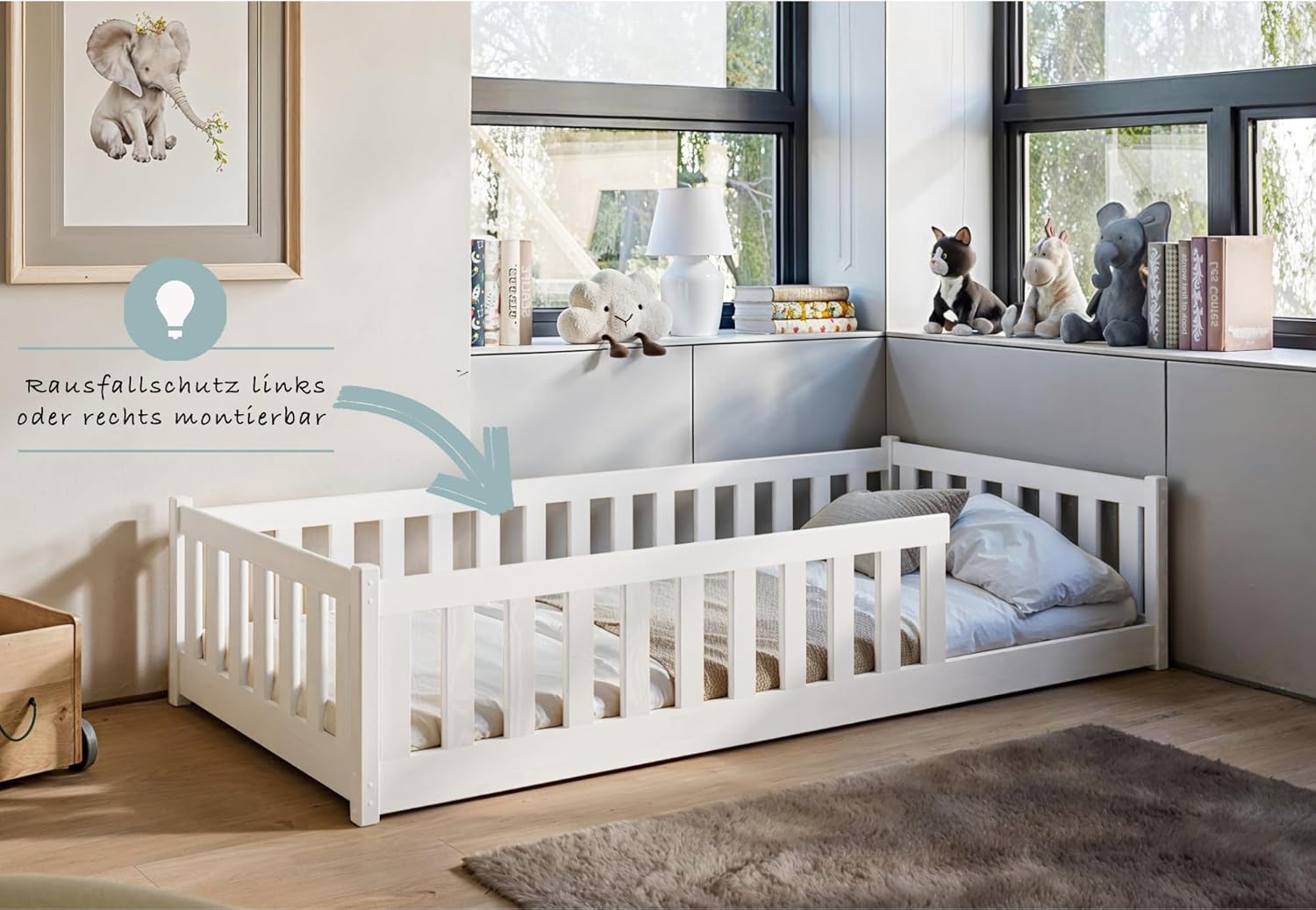 Kids Collective Kinderbett Bodenbett 80x180 cm mit Rausfallschutz & Lattenrost Montessori Bett Bed Gitterbett Kinder Jugendbett Einzelbett | weiß | von 3. bis 12. Lebensjahr