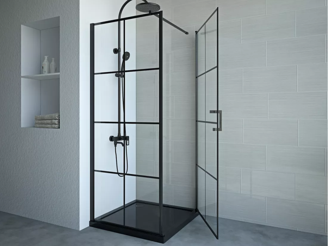 Paroi de douche fixe avec porte pivotante serigraphiée noir mat - 80 x 80 x 190 cm - CAPARICA