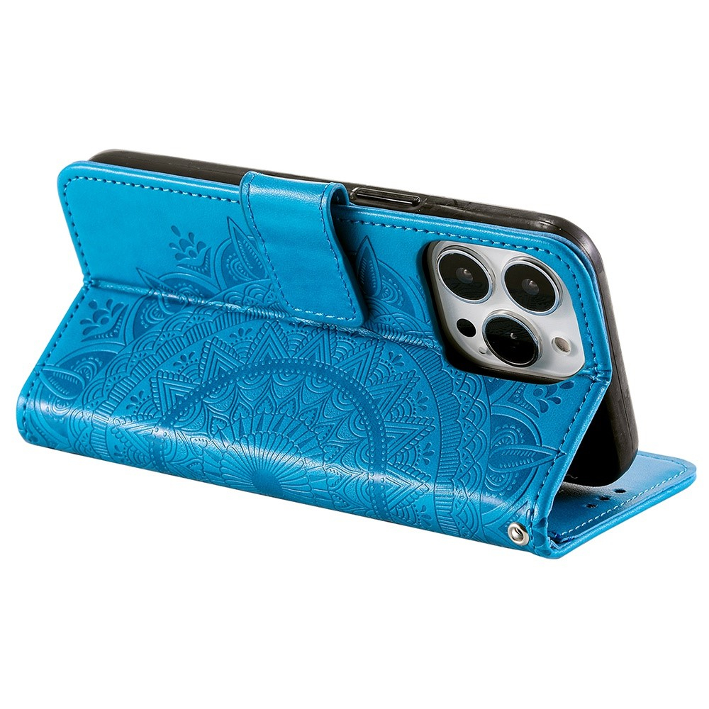 iPhone 14 Pro Max Leder Tasche Wallet - Mandala Flowers Imprint - Blau