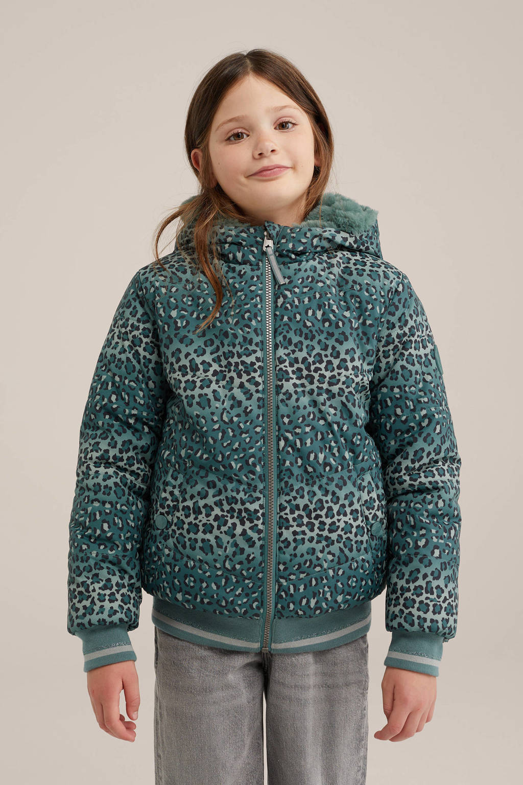 WE Fashion imitatiebont jas met panterprint blauwgroen