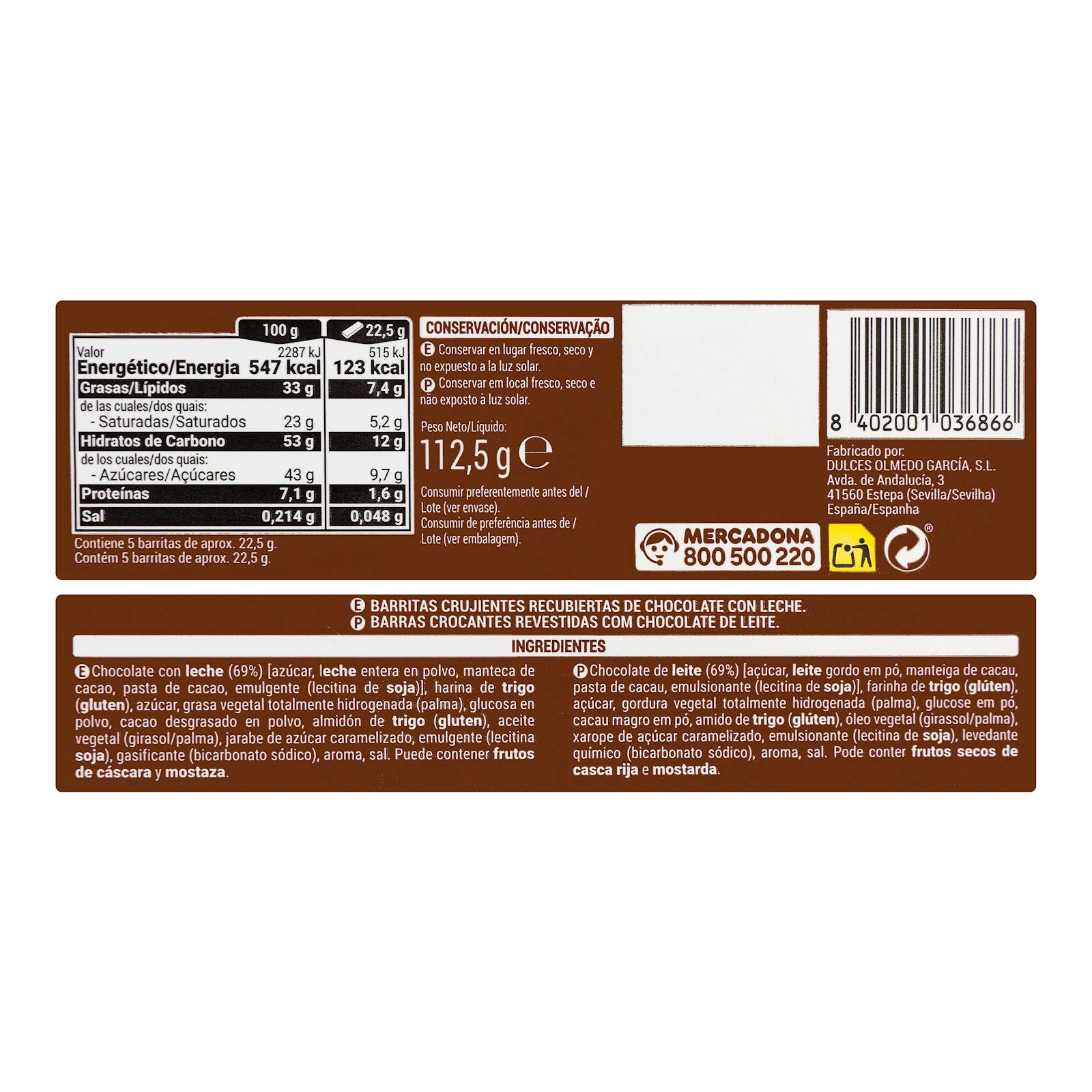 Barres croustillantes Hacendado enrobées de chocolat au lait