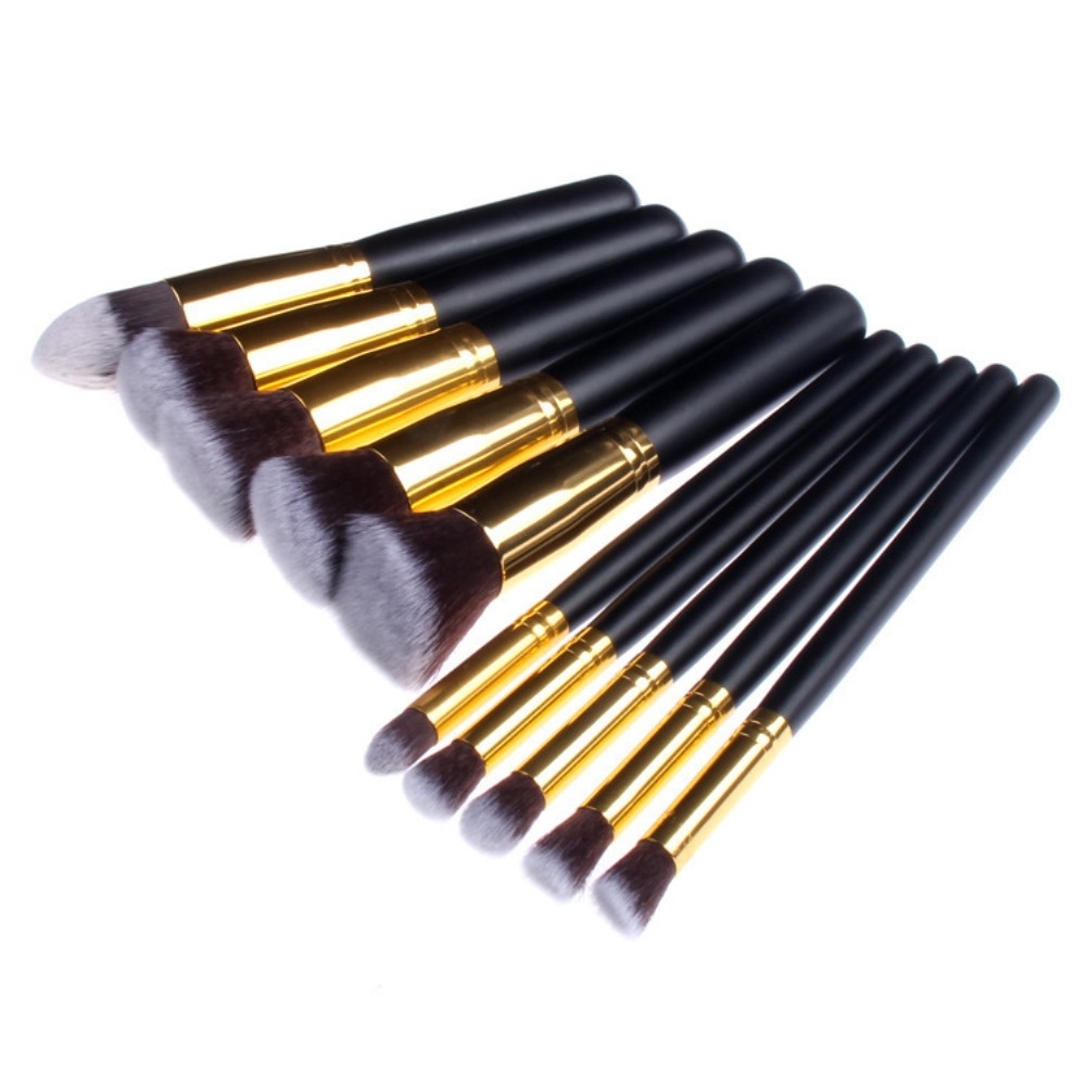 10-teiliges Beauty Make Up Puder Pinsel Set - Schwarz / Gold