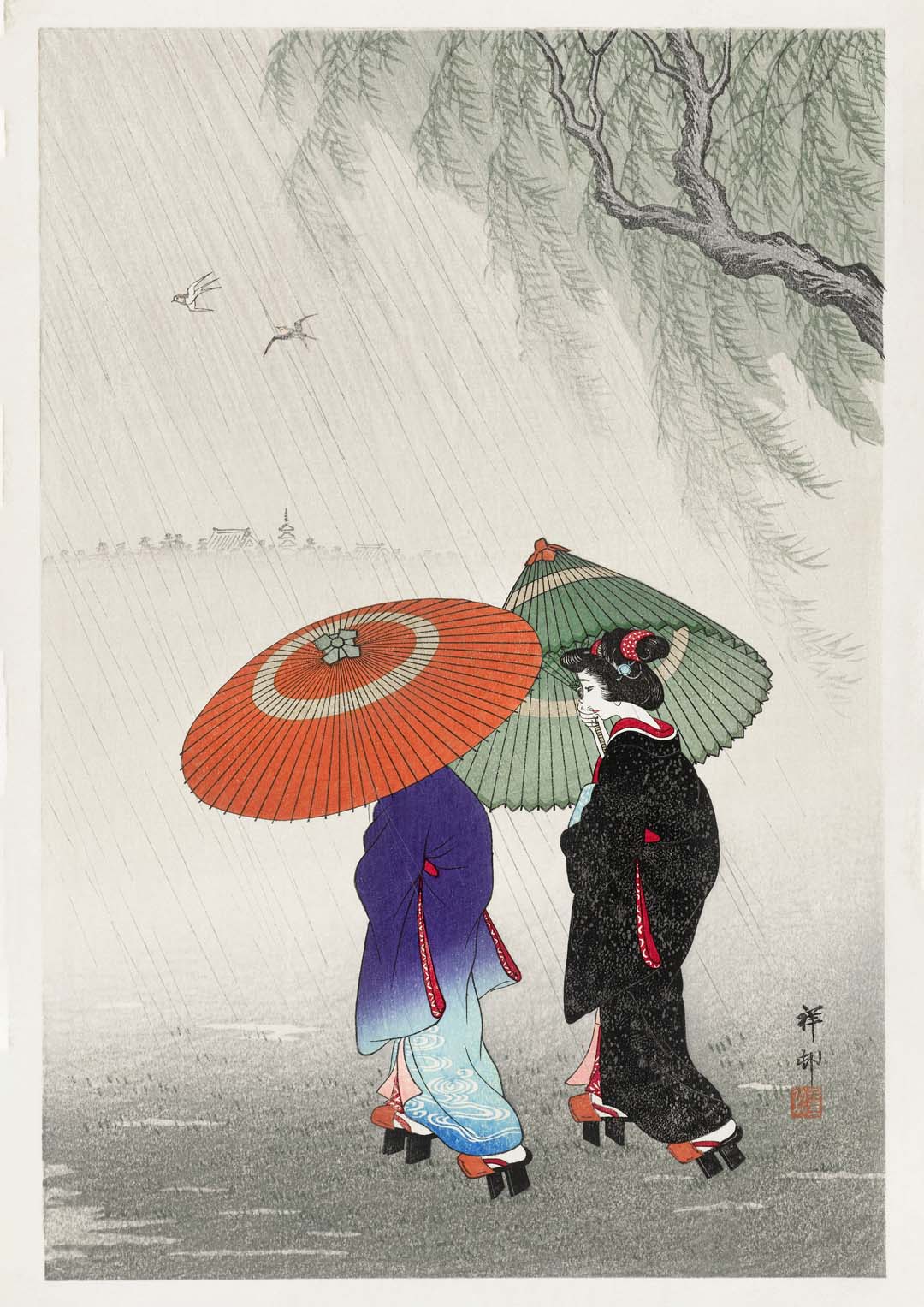 Zwei Frauen im Regen von Ohara Koson