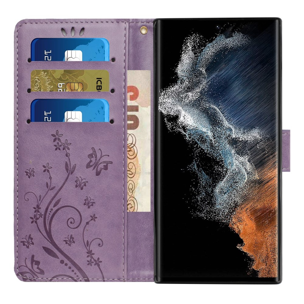 Samsung Galaxy S23 Ultra 5G Leder Tasche mit Kartenfach   Handschlaufe Butterfly Flowers - Lila
