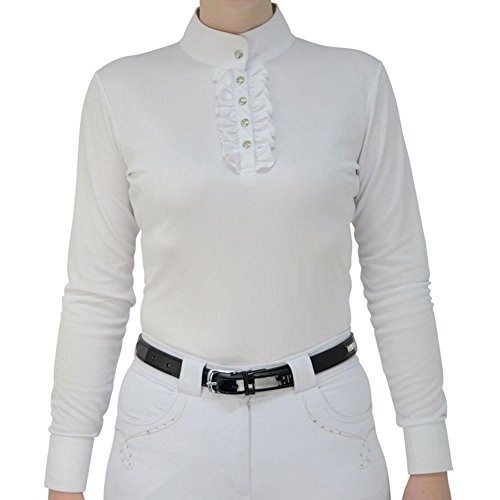 Camisa de competição equestre feminina de manga comprida Katherine Ruffle, branca.