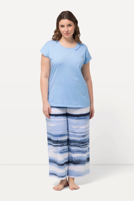 Pyjama, Streifen, Stickerei, Rundhals, Halbarm