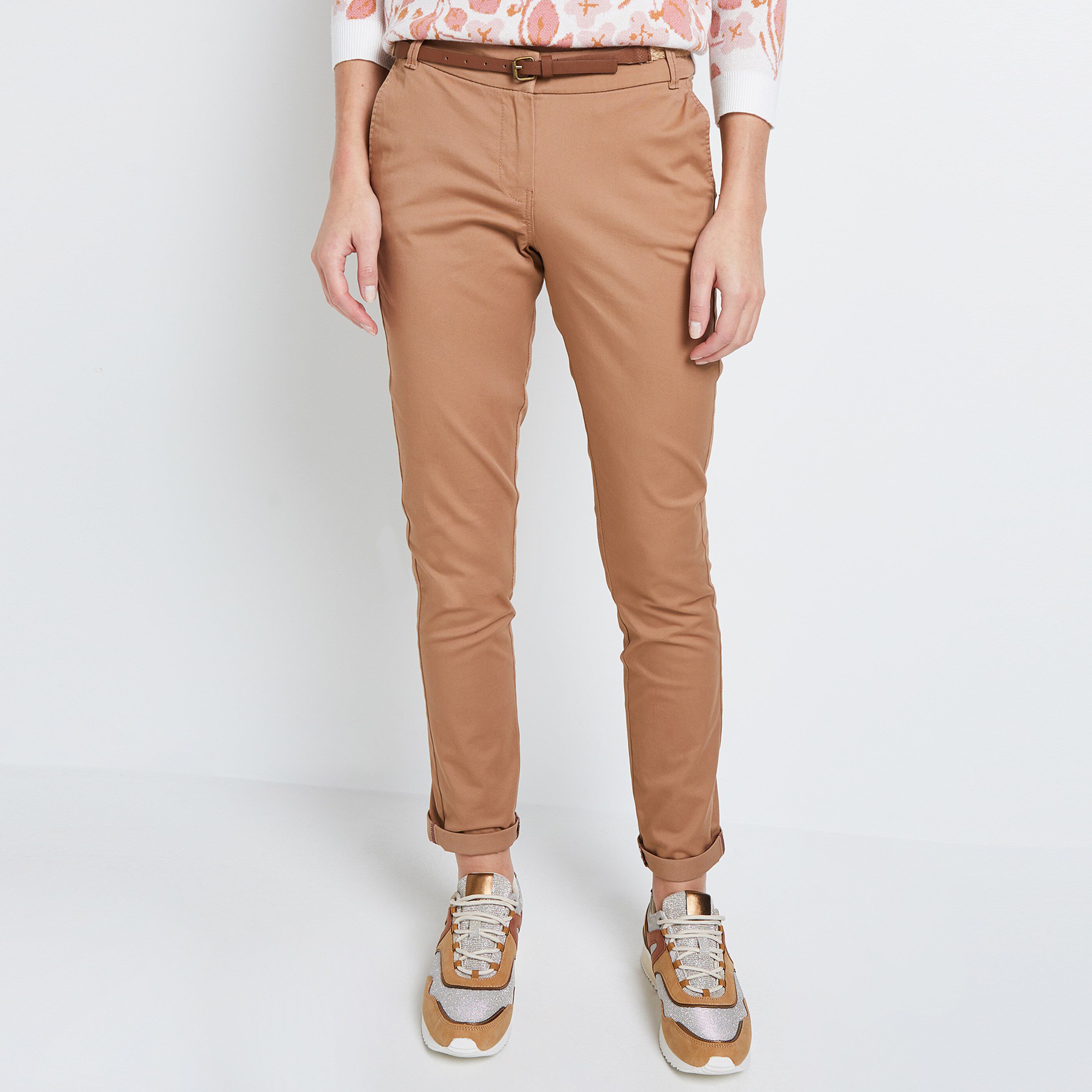 Pantalon chino avec ceinture femme - CAMEL