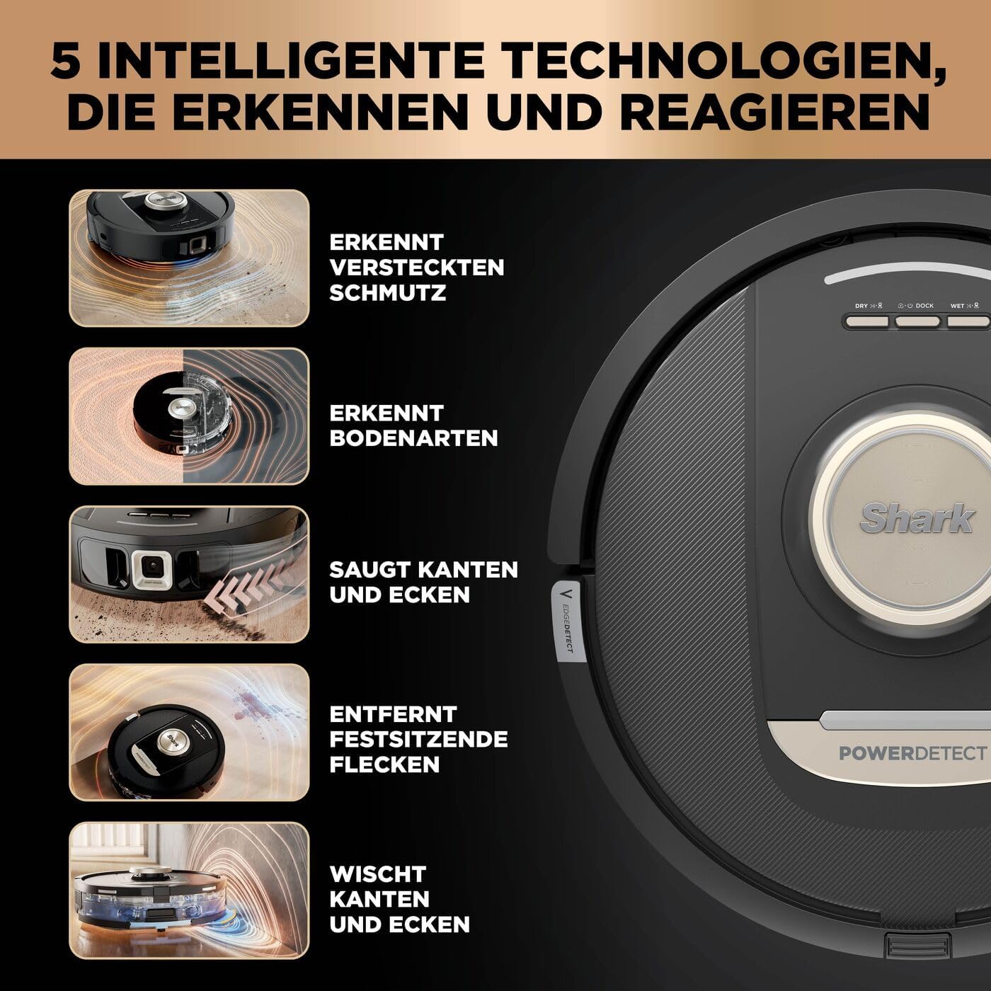 Shark PowerDetect 2-in-1 Saugroboter & Wischroboter, NeverTouch Pro 60-Tage-Selbstentleerung, selbständiges Nachfüllen & Reinigen, 3D-/ LiDAR-Navigation, NeverStuck, App-Steuerung, Schwarz RV2800ZEEU